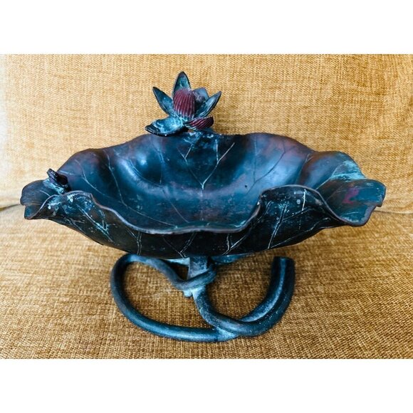 Mid 19t Century Japanese Bronze Lily Pad Bowl With Frog Motif
